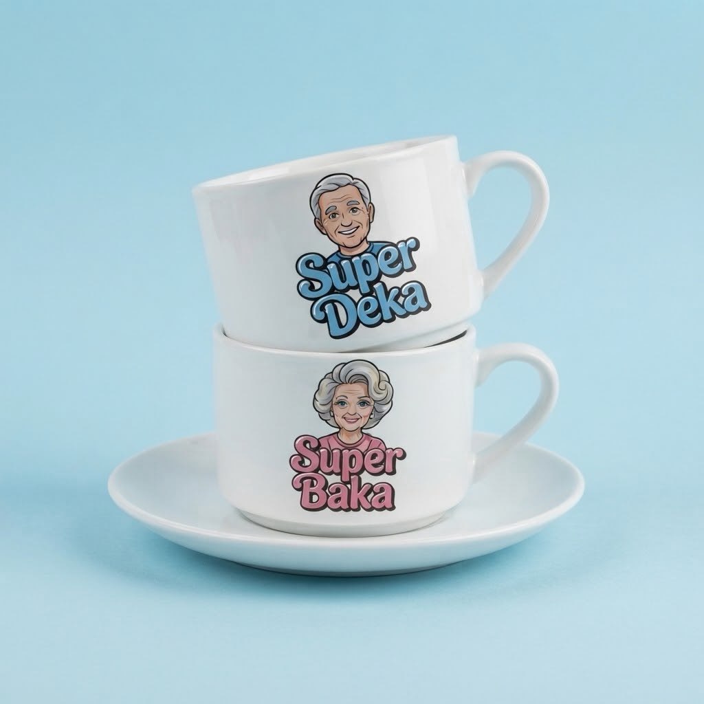 Dve bele šolje sa crtežom lika deke i bake, natpisi Super Deka i Super Baka